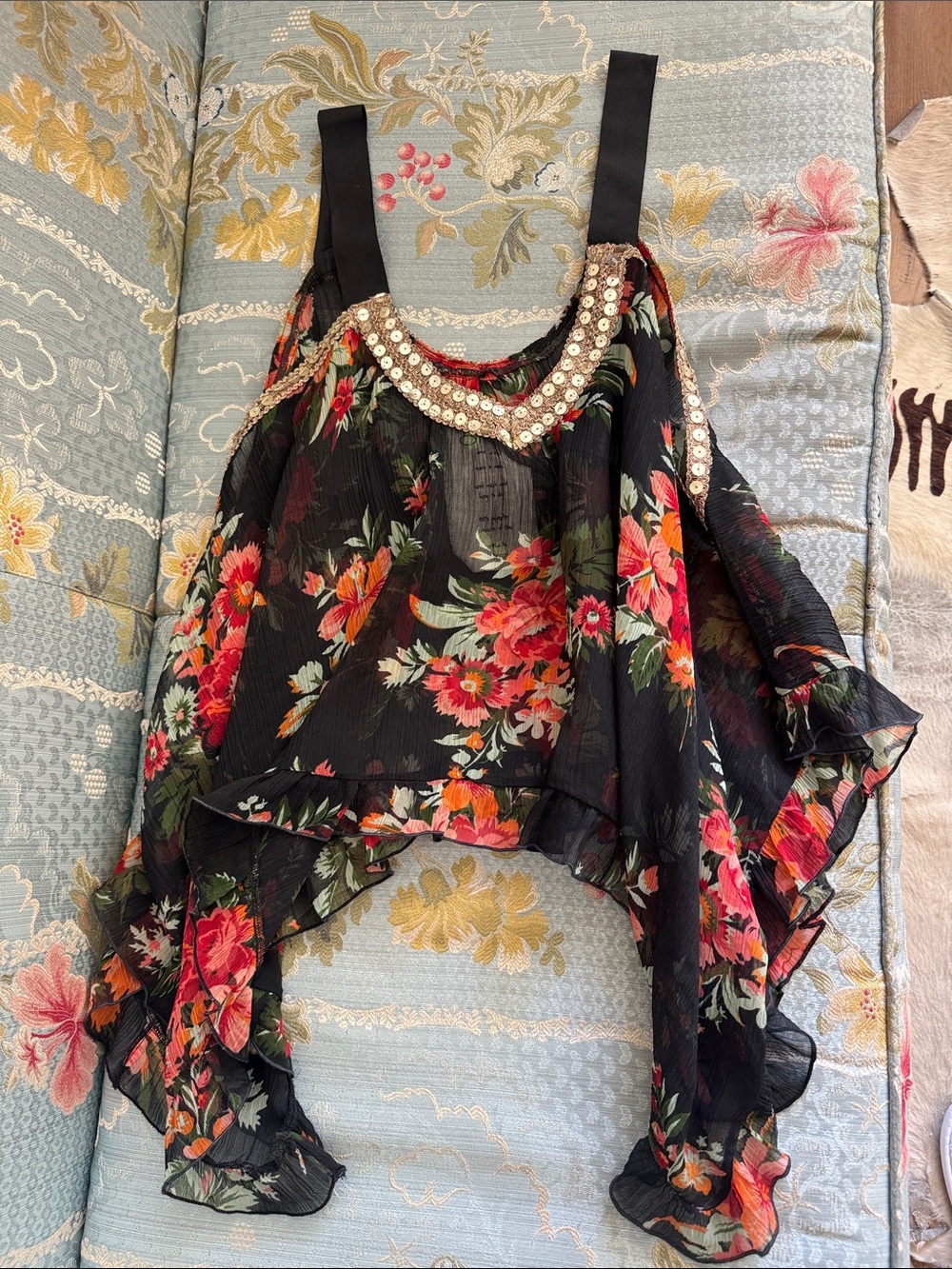 Free People ONE Black Floral Chiffon Sleeveless Top with Sequin Neckline